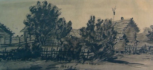 Честняков Е. В. Околица. Бумага, тушь, перо.